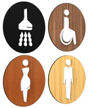 Signs - Elegant, Set 4x - Segnali Bagno Restroom Toilette a Rilievo - Simbolo Doccia, Cartelli bagno Uomo Donna Disabili Cartello Porta Doccia (Tondo)