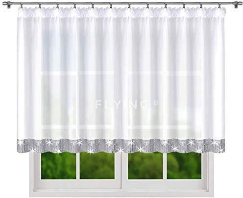 FKL DESIGN Home Deco Balkongardine - Vorhang - Gardine aus Voile mit Satinband - Schlafzimmer Wohnzimmer Kinderzimmer - Weich Fallende Gardine Modern - 145 x 300 cm - Weiß, LB-184