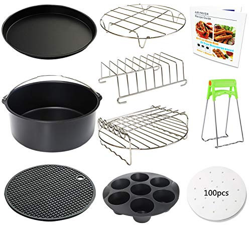 Accesorios para freidora de aire XL de 9 pulgadas, 10 piezas con molde para cupcakes, bandeja para pizza, taza de silicona para hornear, libro de recetas de recetas, 100 piezas de papel pergamino para