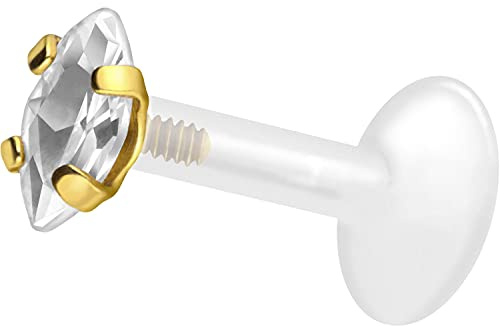 PIERCINGLINE PTFE Labret mit Gewinde Titan AUFSATZ EINGEFASSTER KRISTALLTROPFEN Goldfarben 2,5 x 5 mm Kristall 1,2 x 10 mm