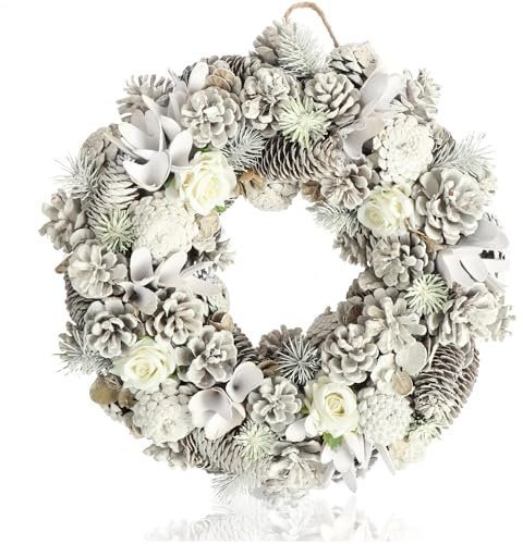 COM-FOUR® Türkranz für Weihnachten - weißer Adventskranz mit Stoffrosen - Dekokranz - Weihnachtsdeko - Tischkranz - Weihnachtskranz