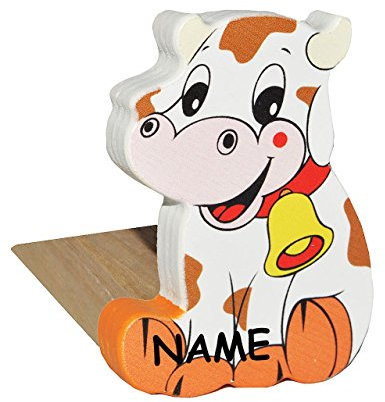 alles-meine.de GmbH 2 in 1: Türstopper/Fensterstopper/Unterlegkeil - aus Holz - Kuh incl. Name - Türkeil/Klemmschutz/Türpuffer/Holztürstopper - für Kinder/Jungen/Mä..