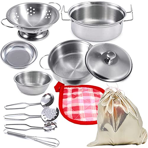 Mini Accessoires de Cuisine en Acier Inoxydable - Ustensiles de Cuisine Montessori - Ensemble de casseroles et poêles pour Enfants et Tout-Petits (Petite Taille)