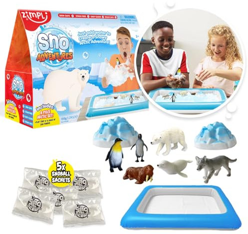 ZIMPLI - Sno Adventures Arctic Pack, 5 Use, 8 x Arctic figures, Inflatable Play Tray, Imaginative Sensory Playset, Artificial Fake Snow Toy, Xmas Gift for Kids