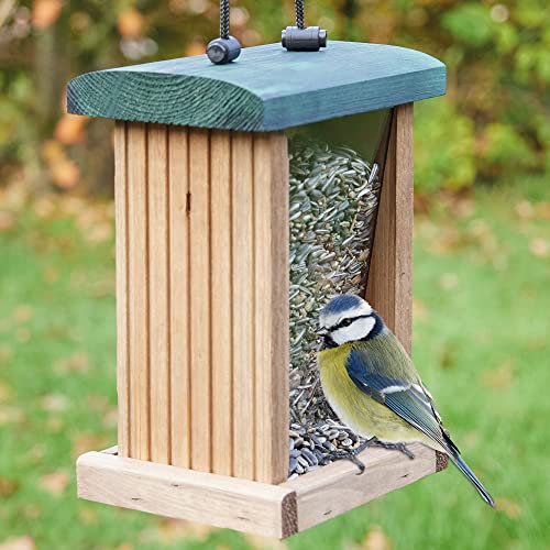 zooprinz nachhaltiges Vogelhaus zum aufhängen - Vo-gelfutterspender mit stabilem Sitzrand und Schutzdach für Wildvögel – witterungsbeständig und langlebig – Dank des Seils schnell