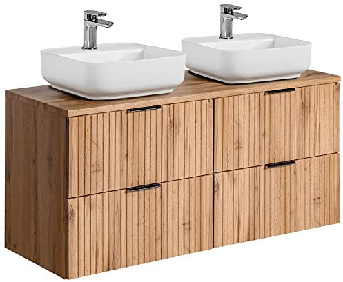 Lomadox Badmöbel Waschtisch mit 120cm Unterschrank Set Wotaneiche gerillt, 2X 40 cm Keramik-Waschbecken, 4 Softclose-Schubkästen, B/H/T 120,6/73,2/46,5 cm