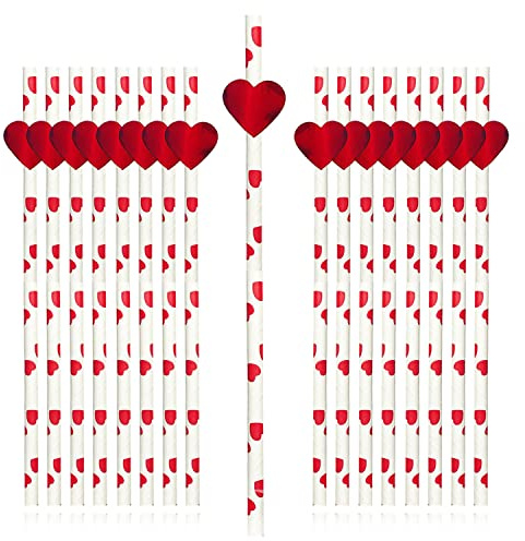 AKH® Cannucce di carta con stampa a cuore, confezione da 20 | Cannucce di carta per San Valentino 20 cm | Cannucce usa e getta con stampa a cuore rosso e bianco rosso in lamina ritagliata
