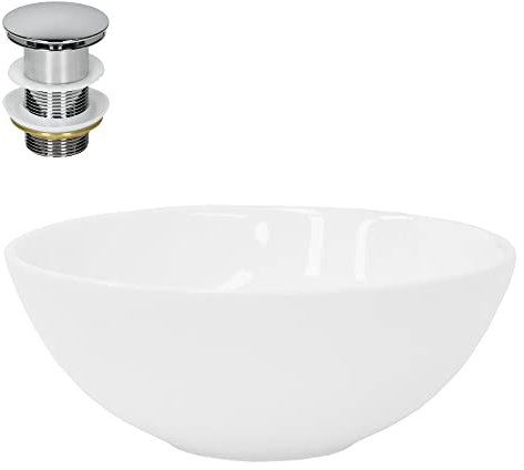 ML-Design Lavabo en Céramique Blanc Brillant, Ø 280 x 116 mm, Ronde, avec Bouchon de Vidange Push-Open en Laiton Chromé, Vasque à Poser Évier Lave-Mains pour la Salle de Bain Toilettes d'Invités