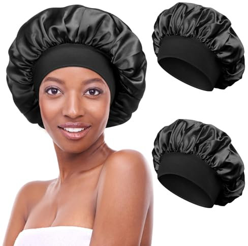 Kiiwah 2 Stück Satin Bonnet Schlafhaube Seide Locken Atmungsaktive Seide Schlafmütze Verstellbare Silk Bonnet Seidenhaube zum Schlafen Weiche Satin Haube für Damen Mädchen(Schwarz)