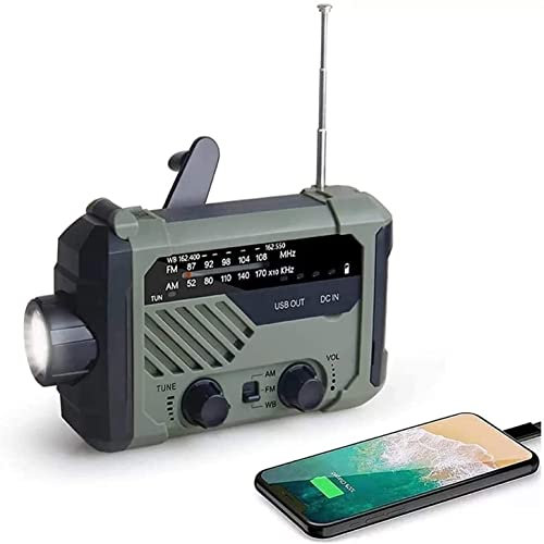 CAFFIA 2000mAh Emergency Weather Radio Portable Power Bank with Solar Charging, Hand Crank & Battery Operated, AM/FM & LED Flashlight for Outdoor Emergency