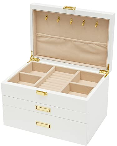 Schmuckkasten 3 Ebenen Schmuckkästchen Retro Schmuckaufbewahrung Groß Schmuckbox Schmuckvitrine für Ringe Ohrringe Armbänder und Halsketten (Weiß)