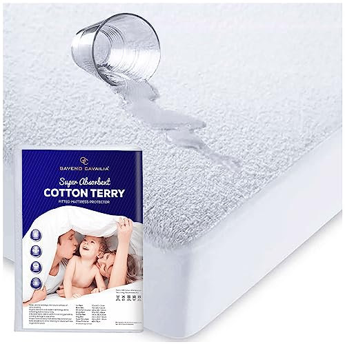 Terry Towelling Double Mattress Protector - Waterproof Fitted, Anti Allergic & Durable - Poly Cotton (140x190+30cm), White