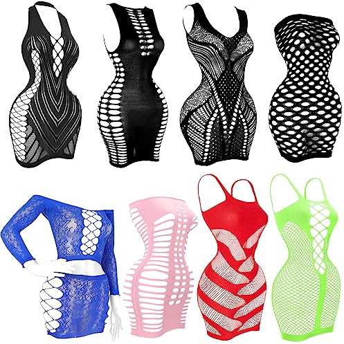 selizo 8 Pack Fishnet Dress for Women, Black Fish Net Lingerie Bodysuit Chemise Nighty Women's Mesh Lace Dress, One Size Fits All