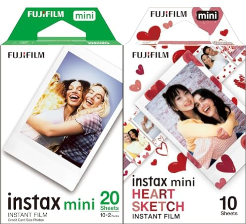 Fujifilm instax mini instant film White Border, 20 Count (Pack of 1), suitable for all instax mini cameras and printers & instax mini film 10 shot pack, HEARTS border