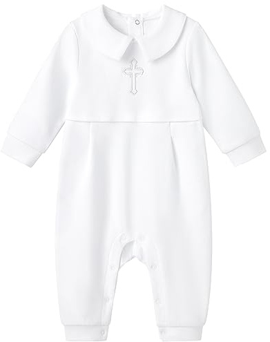 pureborn Baby Boys Baptism Romper Cotton Long Sleeve Christening Jumpsuit For Infant Boy Baptism Outfit White Newborn