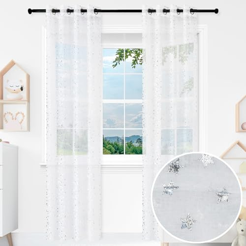 BOD HOME 2 Piezas Cortina Infantil Translúcida para Habitación de Niños/Niñas, 140 x 260cm Ancho x Alto, Cortina Dormitorio Infantil Blanco con Diseño Estrellas Plateadas, Material 100% Poliéster