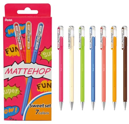 Pentel K110-V7STB Mattehop Gel-Tintenroller Set sweet colours mit hochdeckender Tinte in mattem Finish, 7 Farben sortiert