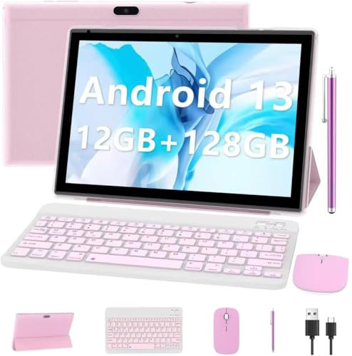 Android 15 Tablet 10 Inch, 20GB RAM+128GB ROM/2TB Expandable, 2 in 1 Tablets with Keyboard Case Mouse Stylus, 2.0GHz Quad-core Processor, 1280*800 IPS HD Screen, 5G WiFi6 BT 5.0, 8MP Camera Tableta PC