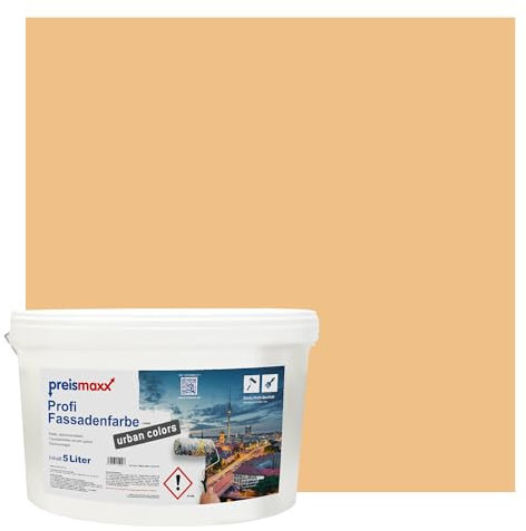 Preismaxx Profi Fassadenfarbe urban colors, bunte Außenfarbe, gelb, ockergelb, ochre yellow 5L, matte, wasserabweisende Aussen-Dispersion, hohe Wasserdampfdurchlässigkeit