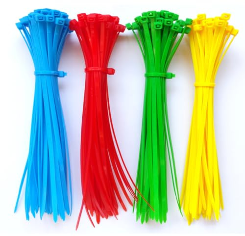 Oksdown 200 Pack Cable Ties Red Green Blue Yellow 50 pcs per Color 200mm×3.6mm Strong Nylon Plastic Self Locking 8 inch/20 cm Long Multi Color Zip Tie Wraps