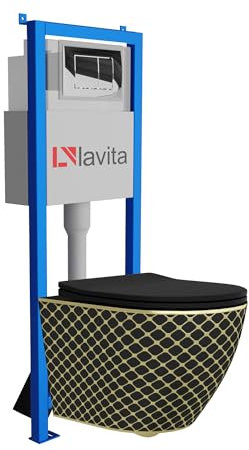 Lavita LAV 101 Vorwandelement für WC 40cm + Wand Hänge Tiefspül WC SOFI SLIM BLACK NIGHT Spülrandlos + Bedienplatte LAV 200.1.2 Verchromt | Komplettset | Unterputz Spülkasten | Toilette Komplett Sett