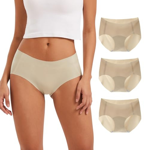 INNERSY Bragas sin Costuras Mujer Beige Braguitas Invisibles Bajas Hipster Microfibra Pack de 3 (L, 3 Beige)