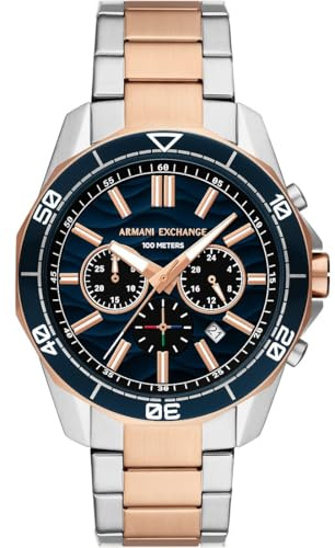 Armani Exchange Reloj Hombre, Movimiento cronógrafo de Cuarzo y Caja de 44mm con Correa de Acero Inoxidable