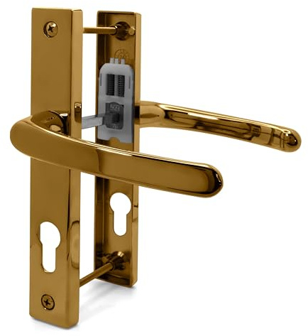 TSS UPVC Door Handle Set, 70mm PZ (Centres), 7mm Spindle Width, Lever/Lever, Screw to Screw 180mm with Backplate 210mm x 32mm - Replacement PVC Door Handle (Polished Brass)
