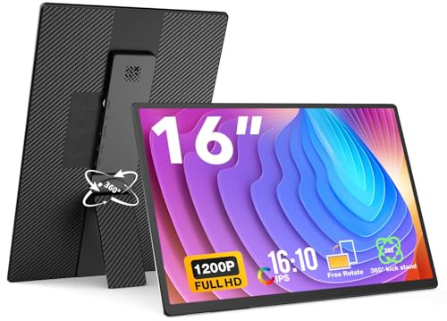 FLYTOCCA Bärbar skärm, 16-tums FHD 1200P, 360° roterande avtagbart stativ, plug & Play-reseskärm för bärbar dator, ultratunn nollram, premium smart fodral, bärbar skärm för laptop/PC/Mac