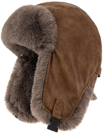BSYLOO Winter Aviator Hut mit Ohrklappen und Leder Winddichte fluffige russische Ushanka Trapper Hut für Männer und Frauen