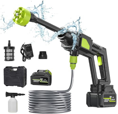Nettoyeur Haute Pression sans Fil,4L/Min Nettoyeur Haute Pression,30Bar,Jet Max 5-6M,Nettoyeur Haute Pression sur Batterie,Tuyau 5M,buse réglable 6 en 1,pour Lavage et Arrosage de Voiture (Noir)