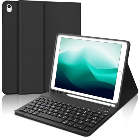 Coque Clavier pour iPad 9e/8e/7e Génération 10.2 Pouces, AZERTY Français Housse Clavier Bluetooth Détachable avec Porte Crayon pour iPad 2021/2020/2019 10.2/Air 3 2019/iPad Pro 10.5 2017, Noir