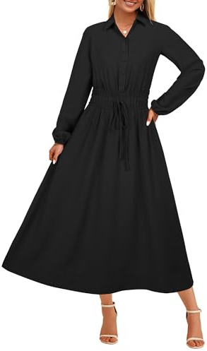 Toplop Damen Kleid Langarm mit V-Ausschnitt & Knopf Knielanges Elegantes Blusenkleid Mit Taschen für Herbst,Frühling & Winter Schwarz XL