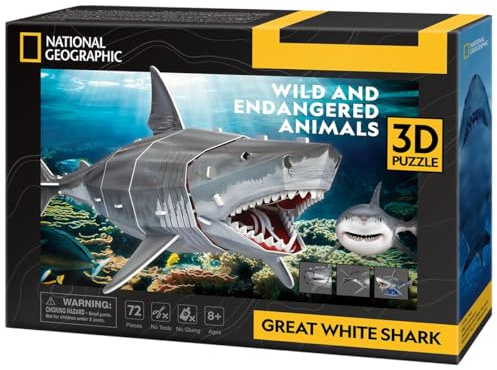 CubicFun 661098 National Geographic 3D Puzzle, Weißer Hai, 3D Tierpuzzle mit 72 Teilen, Modellbausatz für Kinder ab 8 Jahren