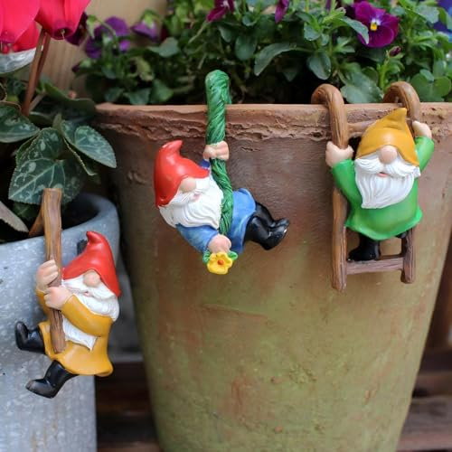Eysinyge Garden Gnome Pot Climbers Decoration Set, 3 Piece Resin Hanging Figurines, Colorful Climbing Gnomes Statue, Outdoor Decor for Plant Pots, 2.9 Inch Small Garden Gifts