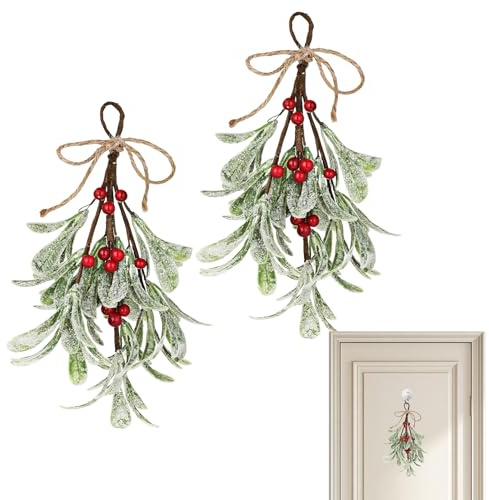 LEIIERUY Decorazioni Natalizie vischio Artificiale 2 Pezzi Rami con Bacche Rosse e Fiocco 23cm addobbi sospesi per pareti finestre Camino corridoi Interni ed Esterni
