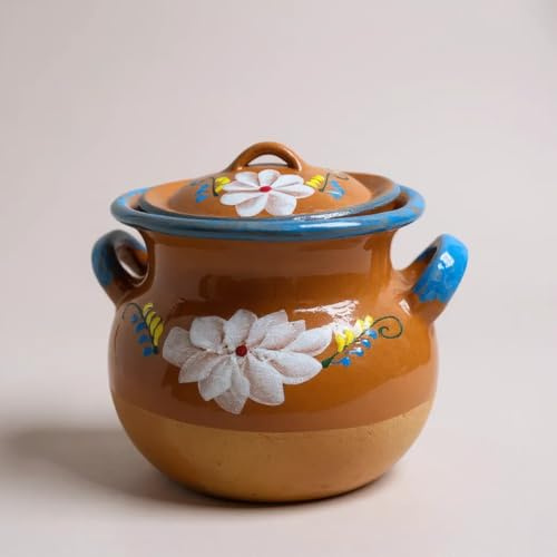 Mis Jarritos Mexican Clay Pot with Lid – Olla de Barro Frijolera Decorada, Cazuela Tradicional Grande para Frijoles, Sopas – Food Safe Made in Mexico (1-1.25 Gallon, Olla Con Flores Decorada) (Blue)