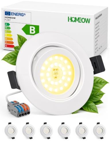 HOMEOW LED Einbaustrahler 230V Metallgehäuse Warmweiß IP44 Weiß 6er Set | LED Spots Lochmaß 68 - 80mm Deckenspots Ultra Flach für Badezimmer Dusche Kueche Schwenkbar 3000K 4.7W 760LM Nicht Dimmbar