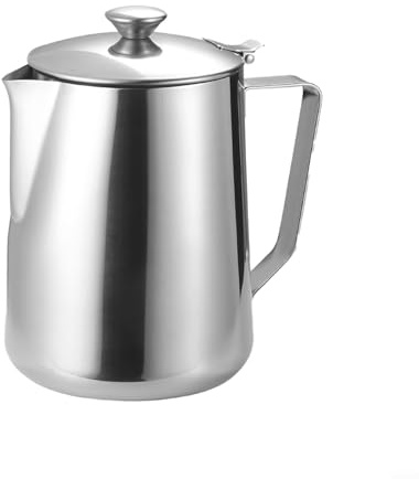 Pichet à mousse de lait en acier inoxydable avec couvercle pour expresso, dispose d'un corps épais pour une prise en main confortable et un versement facile (600 ml)