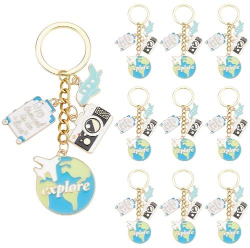 SUNNYCLUE 1 boîte de 10 Porte Clés de Voyage en Vrac Motif Avion Carte du Monde Appareil Photo Valise etc Émaillés Idéal pour Les Fêtes la Décoration Le Camping et Les Voyages Accessoires Cadeaux p