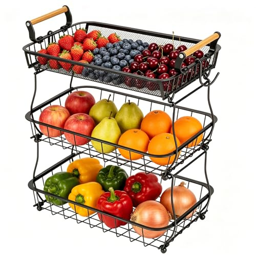 EUBSWA Expositor de frutas con 3 niveles y 2 soportes para plátanos, cesta de frutas extraíble, cesta de metal para verduras con mango de madera para encimera de cocina, almacenamiento de verduras
