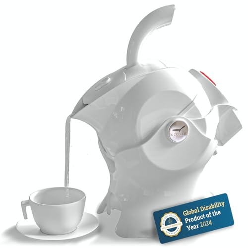 Uccello Electric Safety Kettle | White Tipper Base Included | Effortless Pour Every Time | Daily Living Drinking Aid For Disabled and Seniors | 1.5 Liters | White