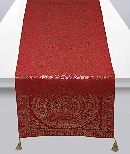 Stylo Culture - Camino de mesa decorativo extralargo, color granate, dorado, étnico, redondo, con borla, jacquard y borla, para el trabajo, mantel rectangular con brocado, 178 x 40 cm