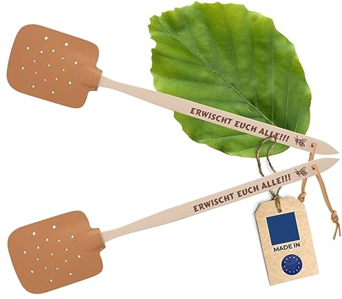 2X HOFMEISTER® Fliegenklatsche aus Buchenholz & Leder, aus Europa, Klatsche mit Spruch: ERWISCHT EUCH ALLE!!!, praktischer Mücken-Schläger zum Insekten fangen, Mückenfänger, 47,5 cm