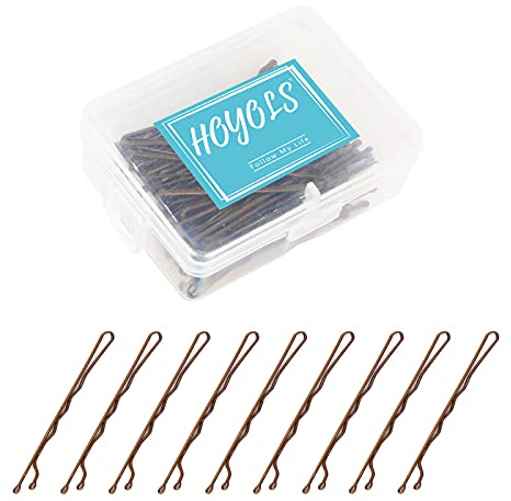 Hoyols 100 PCS Bobby Pins for Women Lady Girls Kids, 5CM Hair Pins for Buns Thin Hair, Strong Grip Invisible Wavy Slide Proof Hair Clips with Box, Salon Hair Styling Accessories (Brown)
