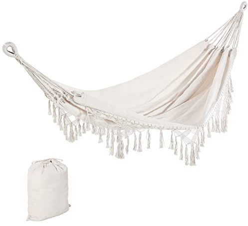 Outsunny Tragbare Reisehängematte Bohemian Chic Hängemattentuch Gesamtabm. 2,88L x 1,5l m Baumwolle Polyester Beige