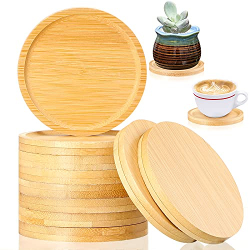 Patelai 10 Pcs Round Bamboo Coasters for Planters Small Plant Saucer 3.74 Inch Bamboo Planter Drink Saucer Trays DIY Resin Coasters Gifts Tabletop Planters Protection Decoration