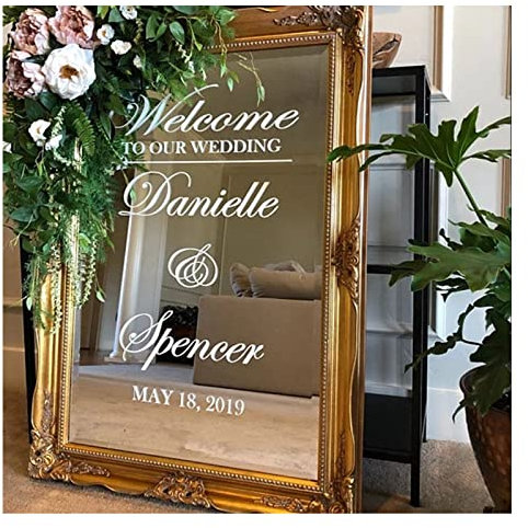 Adesivo da parete in vinile, stile francese, a specchio, con nomi personalizzati, cartello di benvenuto per matrimonio, decorazione romantica per matrimonio (non include la tavola dello specchio) (38
