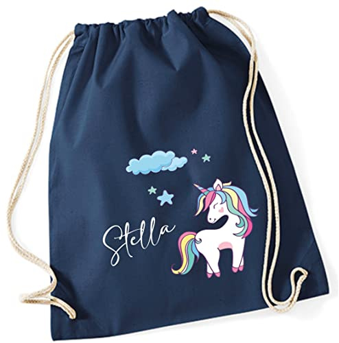 Turnbeutel Mädchen mit Namen und Einhorn | Motiv Unicorn Wolke Sterne | Personalisierter Stoffbeutel mit Kordel