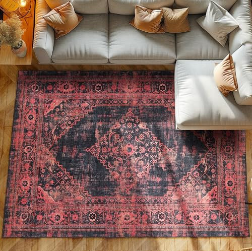 Kurzflor Teppich Wohnzimmer Schlafzimmer Läufer Flur Waschbarer Teppich Weich Vintage Stil, Wohnzimmerteppich, Farbe: Rot, Größe: 200 x 290 cm